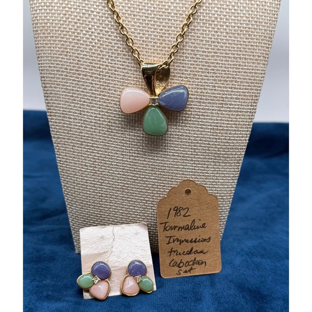 VTG Avon "Tourmaline Impressions" 1982 Necklace & Earrings Set Pastel Cabochon